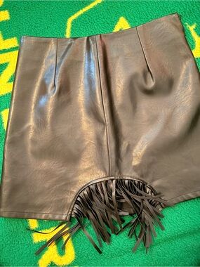 Black Faux Leather Mini Skirt with Fringe